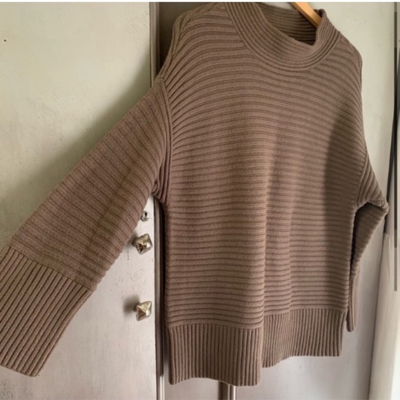 LOFT Wool Blend Ribbed Mock Neck Brown Sweater - Picture 2 of 8